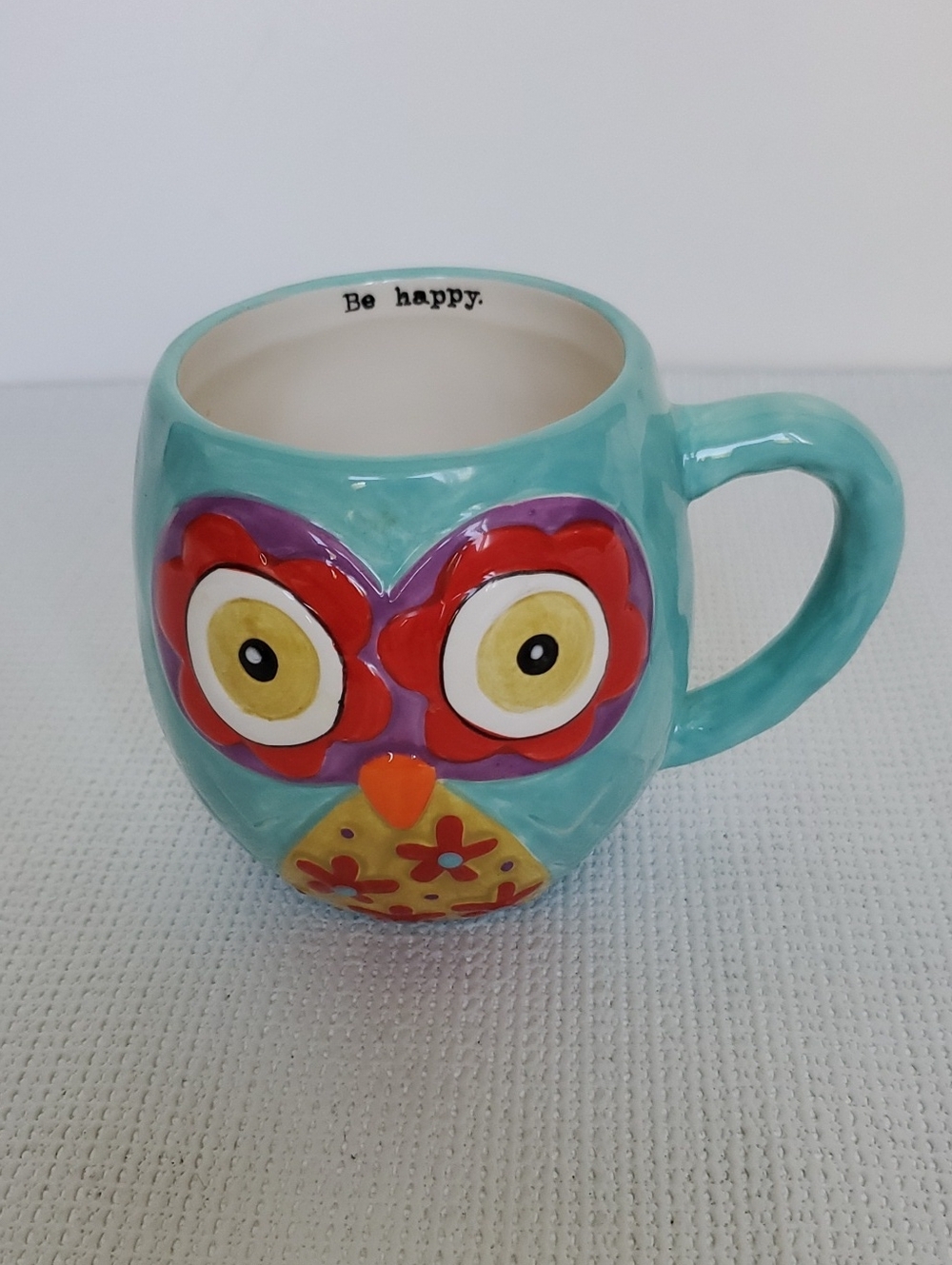 NATURAL LIFE Aqua Owl Ceramic Mug with Colorful Accents NWT